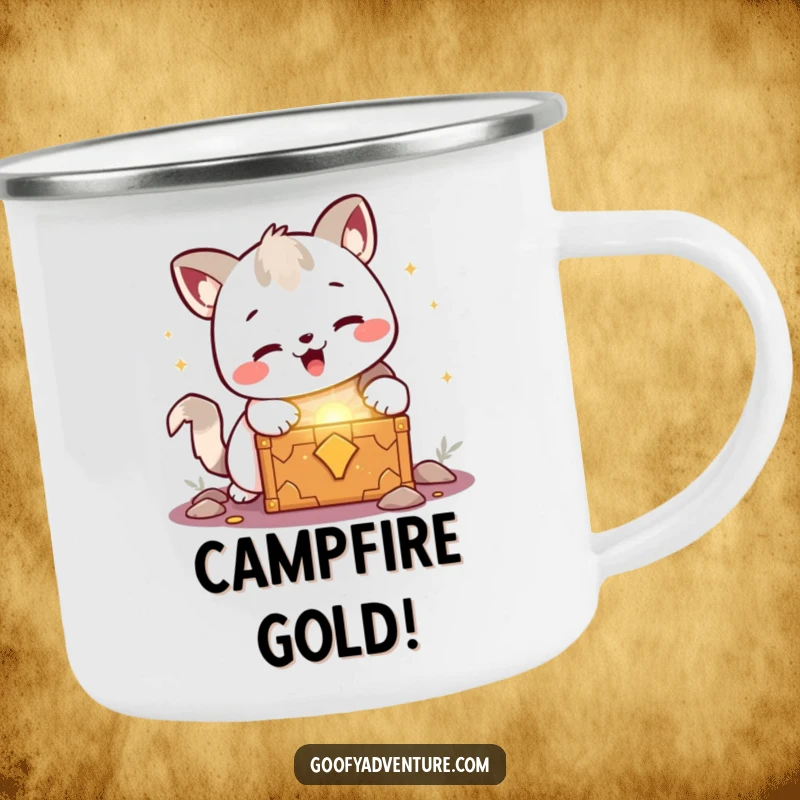 Funny kawaii animal character joyfully discovering a glowing treasure chest, a durable and humorous camping mug.
