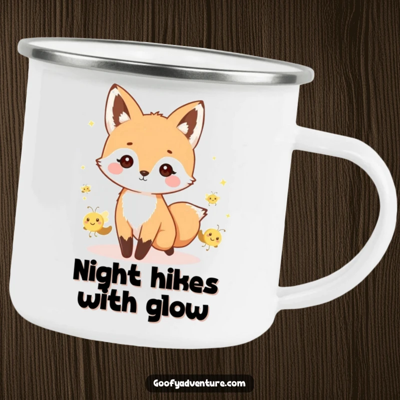 Durable funny kawaii fox enamel camping mug, leading a parade of smiling fireflies, perfect for outdoor night use.