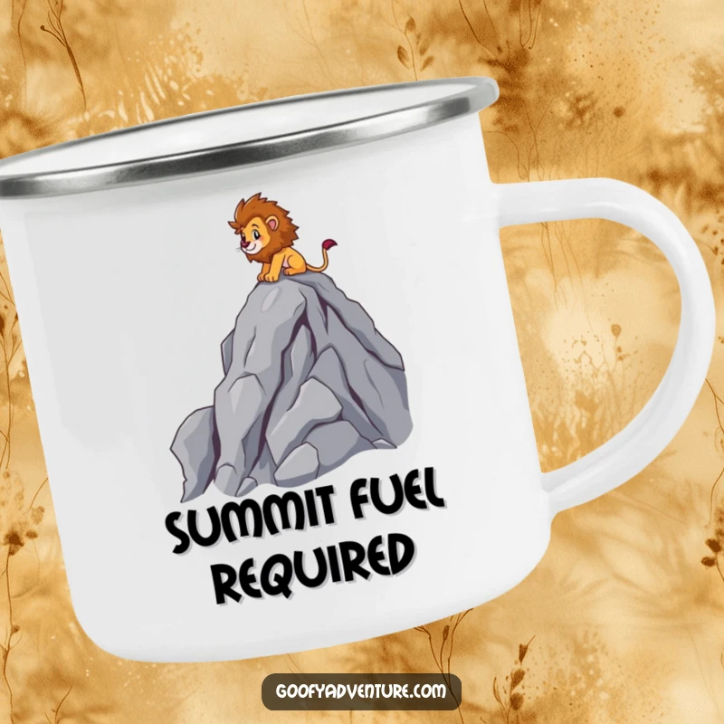 Funny brave lion character climbing a cartoon mountain peak, enamel camping mug, outdoor adventure theme, ideal funny gift.