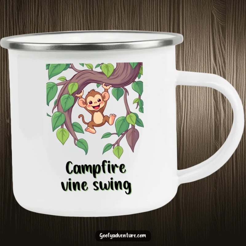 Funny durable camping mug with a cheerful monkey character swinging from a giant, whimsical jungle vine.