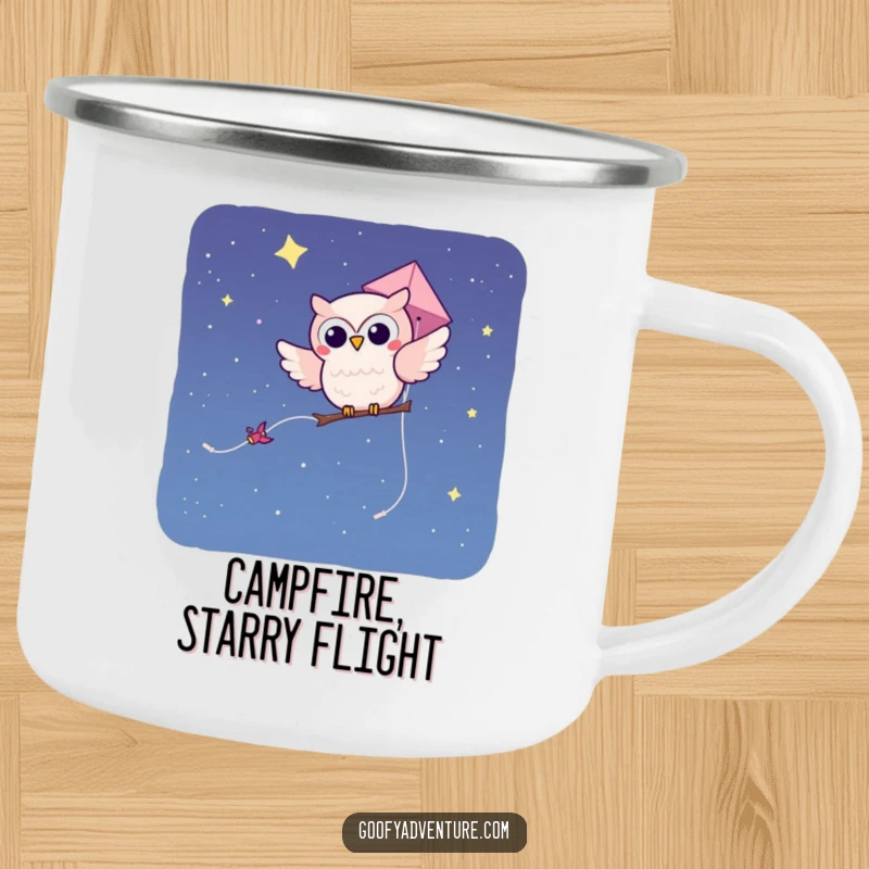 Funny kawaii owl character on a kite soaring through a starry night sky, on a durable camping mug.