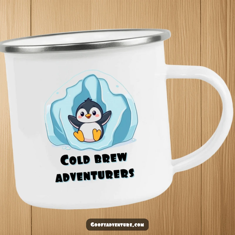 Funny playful penguin sliding down a giant icy glacier, enamel camping mug, outdoor winter theme, ideal funny gift.