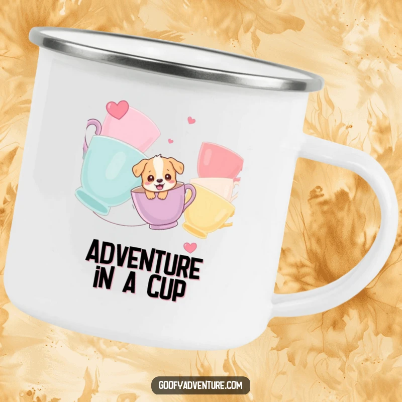 Funny camping mug with a giggling puppy ziplining between large teacups, ideal for outdoor drinks and a touch of whimsy.