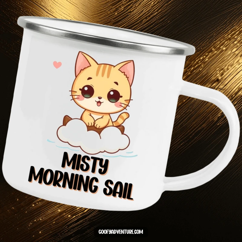 Funny cat character sailing on a cloud boat on a camping mug, perfect for serene outdoor moments, funny gift.