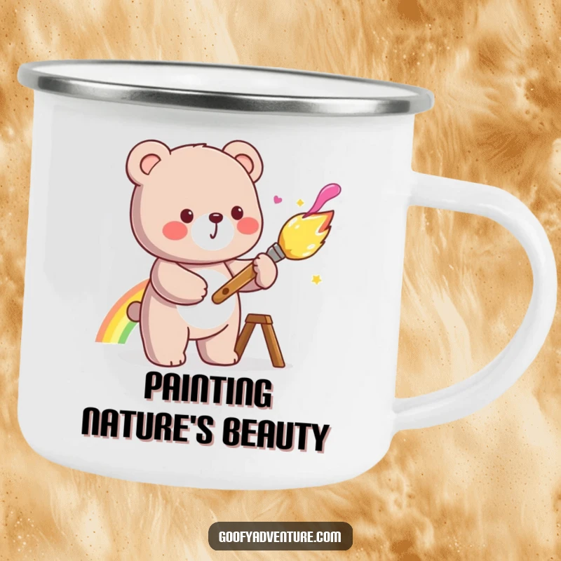 Durable funny kawaii bear enamel camping mug, painting a rainbow with a cheerful paintbrush, perfect for outdoor use.