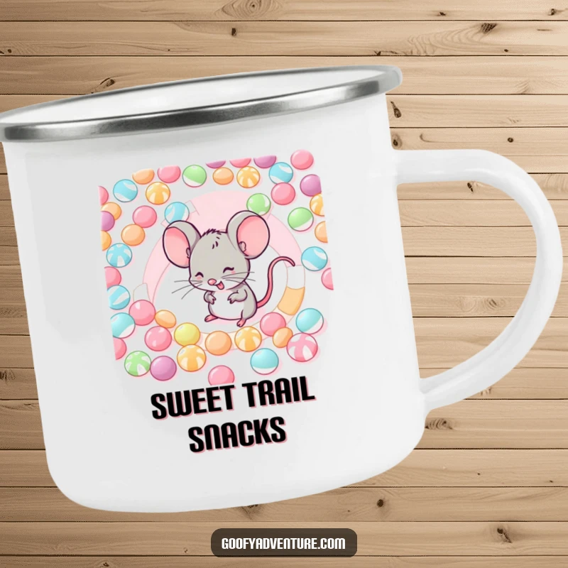 Funny camping mug featuring a giggling mouse navigating a maze made of candies, ready for outdoor treats.