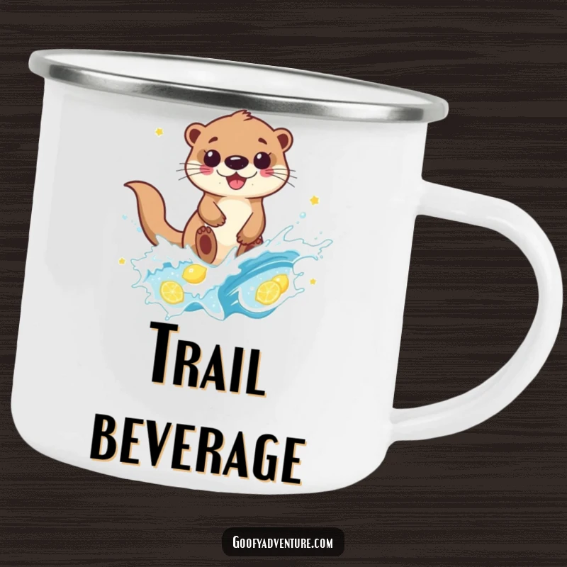 Funny otter character joyfully riding a fizzy lemonade wave on a durable camping mug, perfect for outdoor beverage enjoyment.