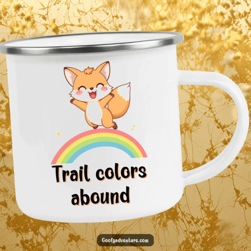 Funny fox rainbow leap camping mug showing a happy fox jumping over a rainbow in a serene forest setting.
