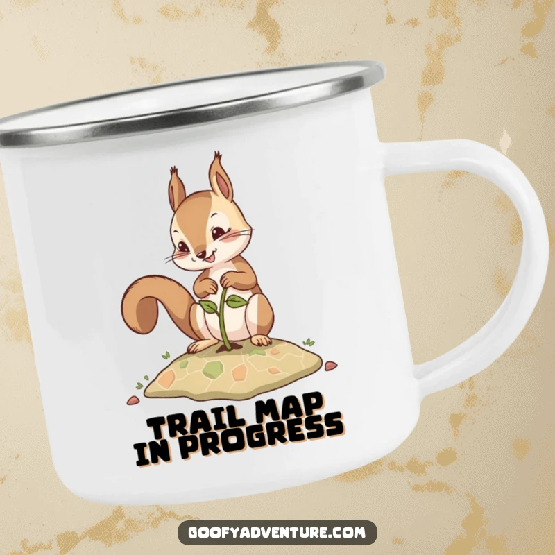 Funny camping mug featuring a determined squirrel planting a seed that grows into a map, ready for outdoor adventures.