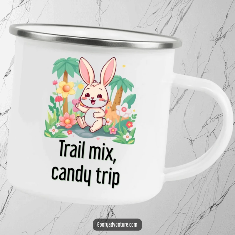 Funny bunny character exploring a candy-colored jungle, on a durable camping mug, for sweet outdoor adventures.