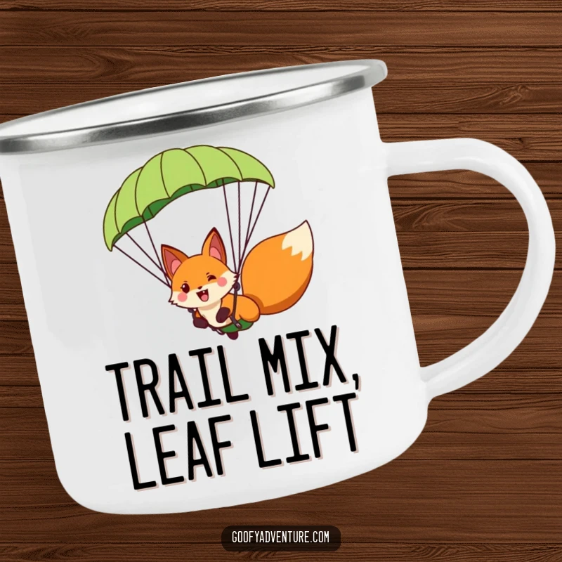 Funny fox character paragliding with a giant leaf parachute, on a sturdy camping mug, ideal for outdoor excursions.
