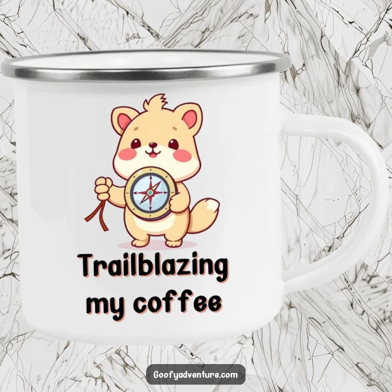Funny kawaii animal character holding a compass, ready for adventure, on a sturdy camping mug.
