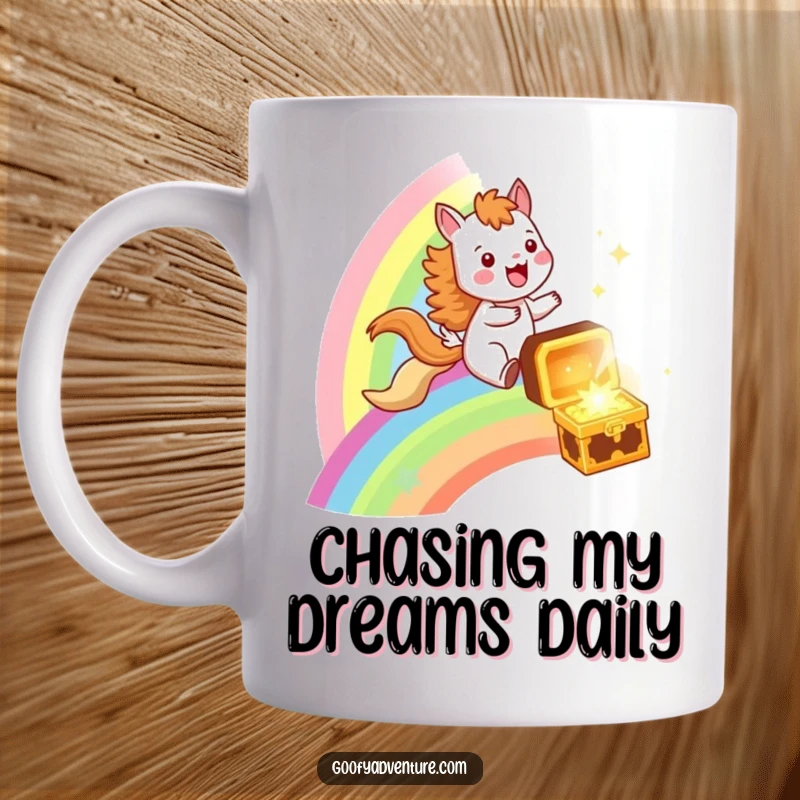 Funny mug with a joyful animal character joyfully riding a galloping rainbow toward a sparkling treasure chest, full of excitement and wonder.
