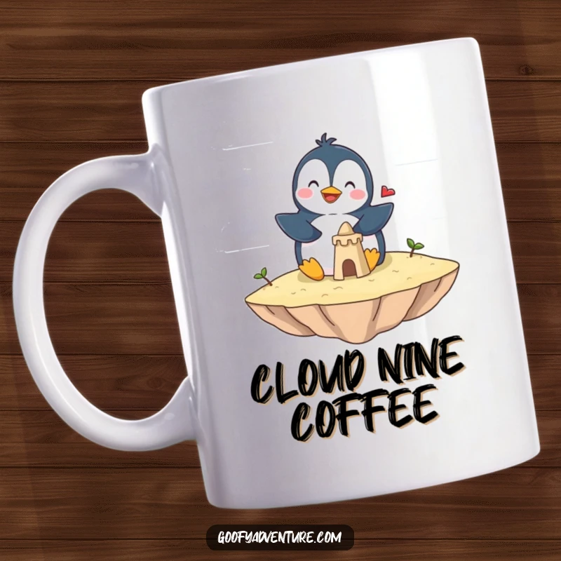 Funny penguin mug with a giggling penguin building a sandcastle on a fluffy cloud island floating in the sky. Whimsical and joyful.