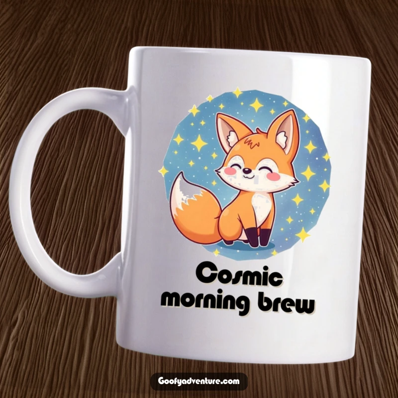 Funny cheerful fox character exploring a vibrant swirling galaxy of stars, depicted on a mug, perfect for space lovers, funny gift.