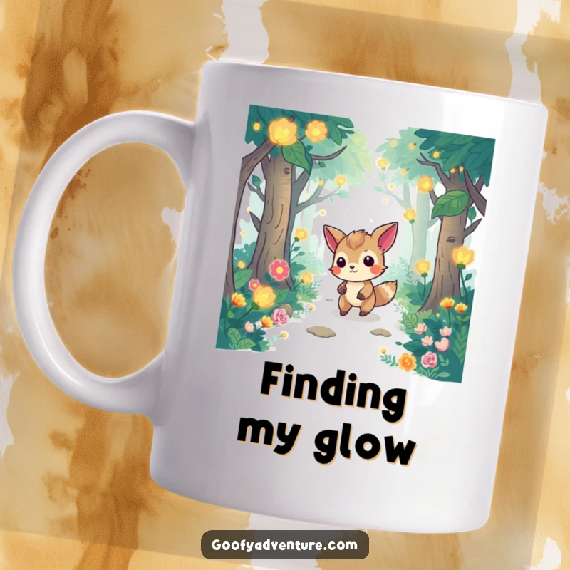 Funny mug with a determined animal character navigating a whimsical forest filled with magical, glowing flora.