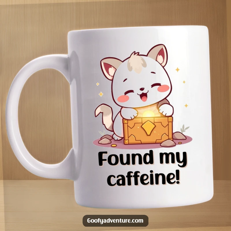 Funny kawaii animal character joyfully discovering a glowing treasure chest, a delighted and humorous mug design.