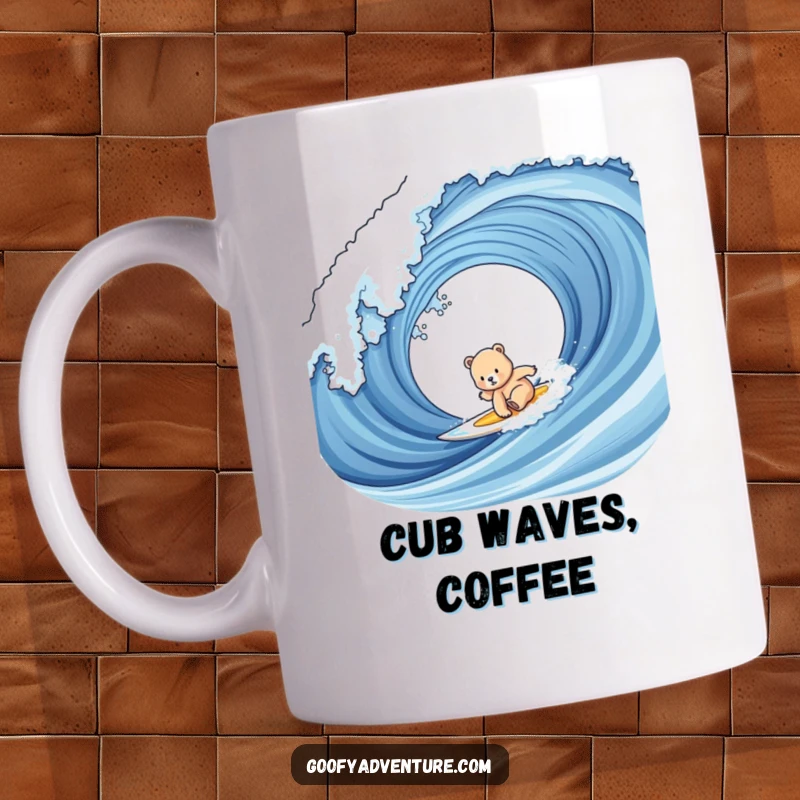 Funny bear cub surfing mug showing an adorable cub on a surfboard, struggling to balance on a huge, cresting ocean wave.