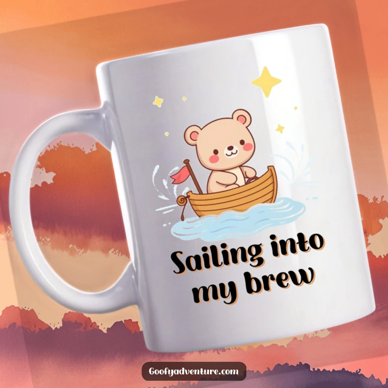 Funny mug showcasing a content bear peacefully sailing a small boat across a calm ocean illuminated by a sky full of twinkling stars.