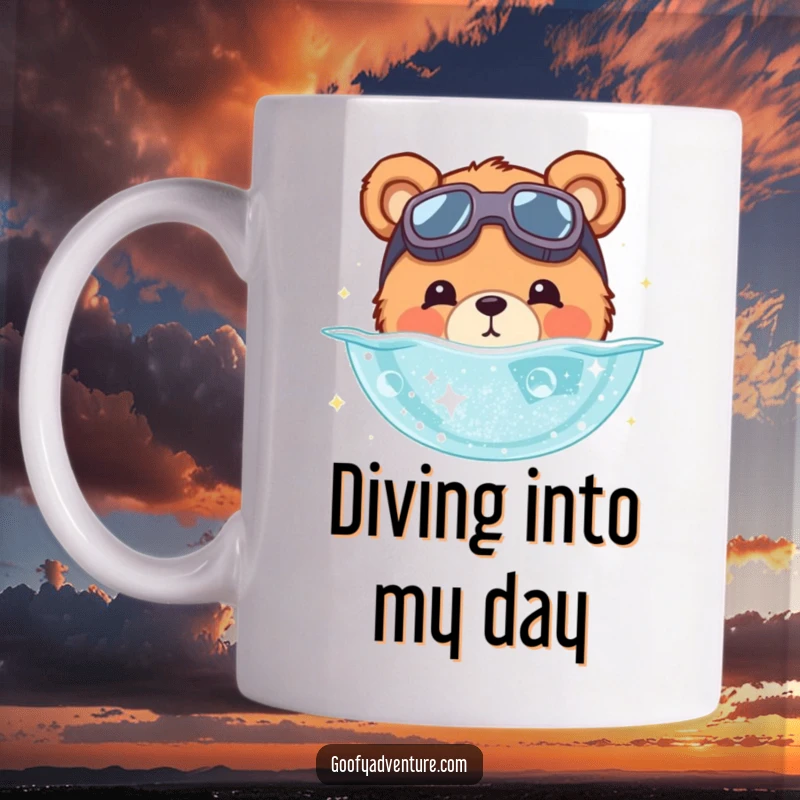 Funny bear mug with a cute bear wearing goggles, diving headfirst into a pool of shimmering stardust. Adorable cosmic dive.