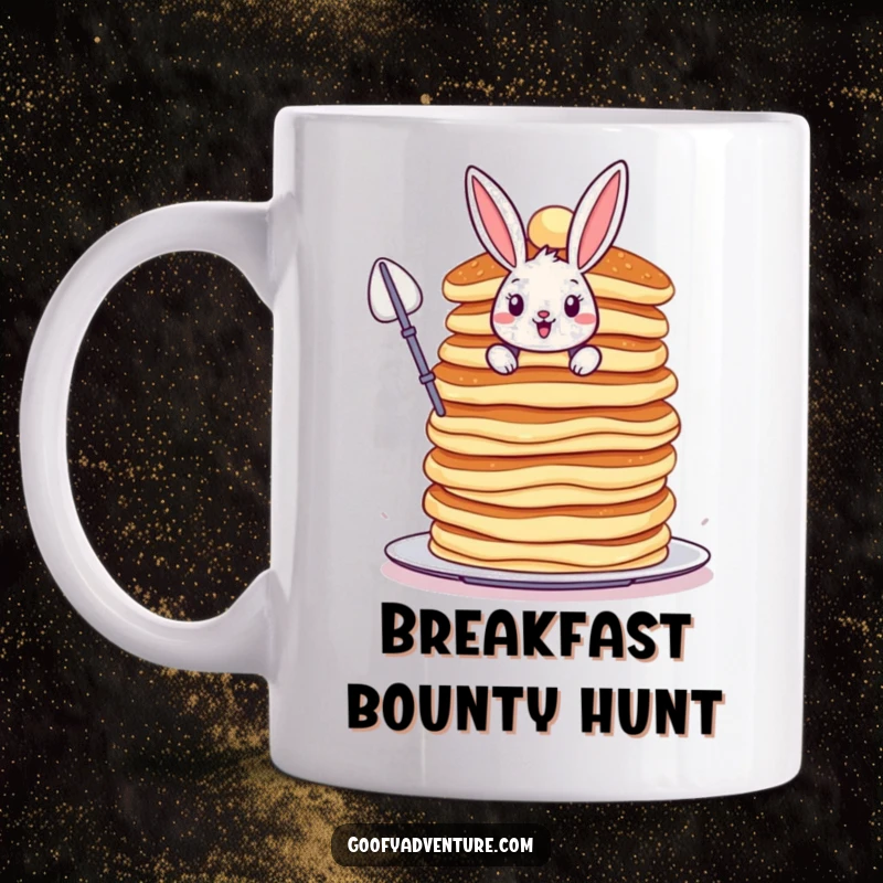 Funny Bunny mug, bravely scaling a colossal, wobbly stack of pancakes, perfect for adventurous foodies.