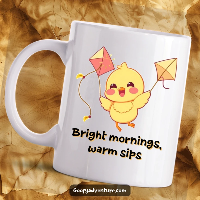 Funny Chick Mug: Joyous chick flies high with a kite made of sunshine, spreading happiness and warmth with a cheerful spirit.