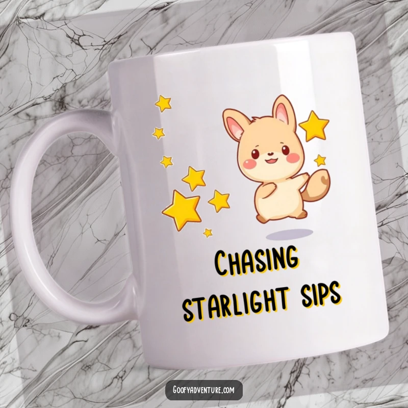 Funny kawaii animal character happily chasing after a series of drifting stars, a whimsical and cheerful mug design.