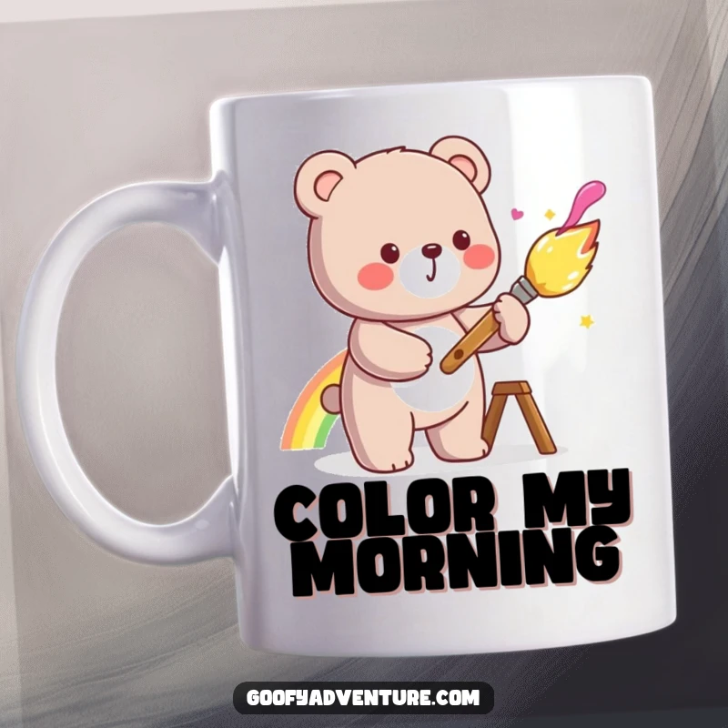 Funny kawaii bear character painting a vibrant rainbow with a giant, cheerful paintbrush, perfect for artists and bear lovers.