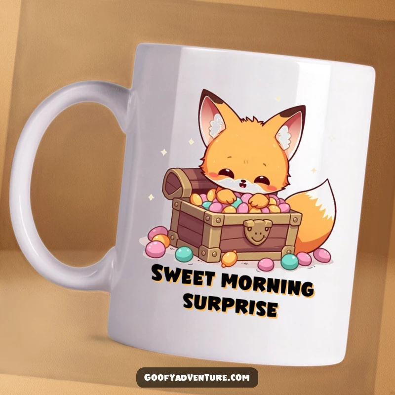 Funny Kawaii fox discovering a hidden treasure chest filled with sparkling candy, a delightful mug for sweet lovers.