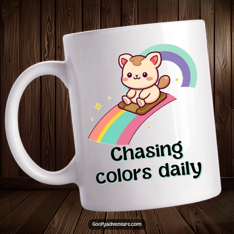Funny kawaii animal character joyfully sliding down a vibrant rainbow trail, embodying pure happiness and fun.