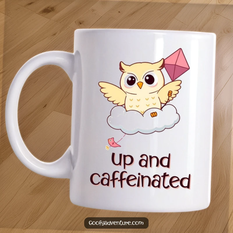 Funny Kawaii owl cheerfully taking flight on a kite shaped like a friendly cloud, featured on a mug.