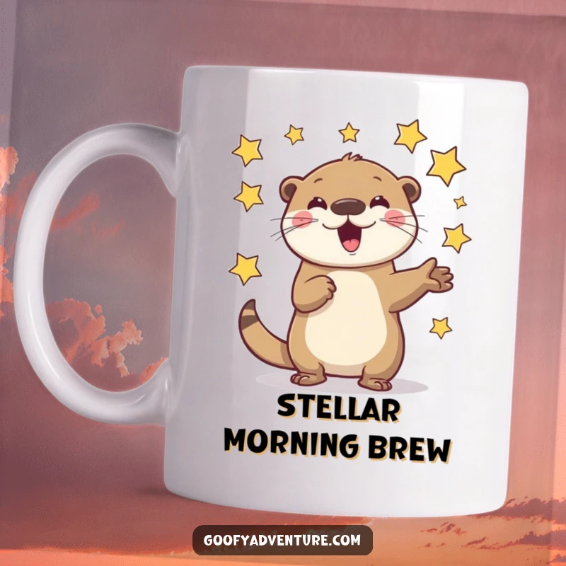 Funny Otter Mug: A playful otter character enthusiastically juggling brightly shining flying stars, showcasing cosmic fun.