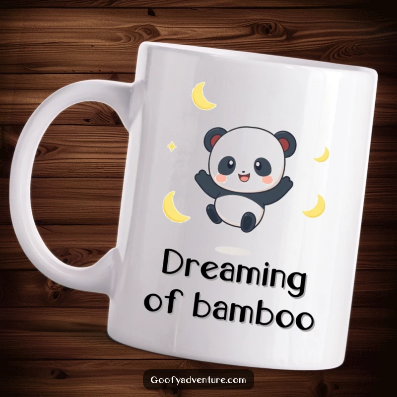 Funny Panda Moon Jumper Mug: A joyful panda character playfully leaps across crescent moons in a starry night sky, embodying whimsical delight.