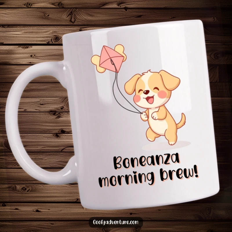 Funny puppy character joyfully flying a kite shaped like a giant bone, bringing smiles and laughter to any dog lover.