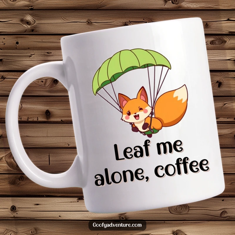 Funny fox character paragliding with a giant leaf parachute, smiling wide, enjoying the thrilling descent, perfect gift.