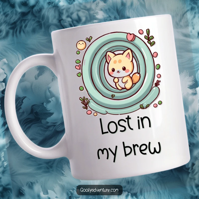 Funny kawaii animal character playfully navigating a whimsical maze, a humorous and engaging mug design for thinkers.