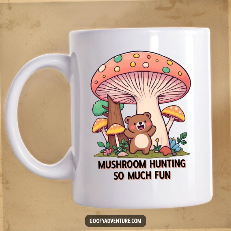 Funny Kawaii bear excitedly exploring a giant, colorful mushroom forest, a whimsical mug for adventurers.