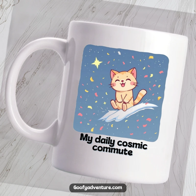 Funny cat mug with a happy feline riding a vibrant wave of confetti towards a starry, unknown sky. A whimsical and joyful celestial ride.