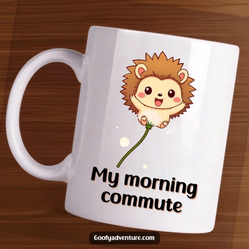 Funny mug featuring a joyful hedgehog character gracefully flying on a fluffy dandelion seed, symbolizing freedom and happiness.