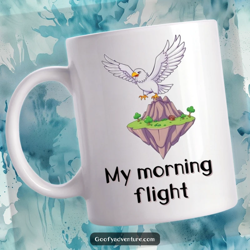 Funny soaring eagle character with wings spread wide, flying over a mystical floating island, majestic, fantasy theme, perfect funny gift.