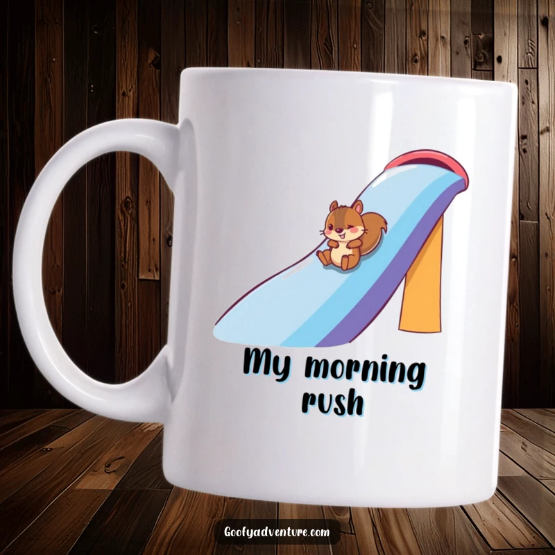 Funny playful squirrel character joyfully sliding down a massive, vibrant rainbow slide, featured on a mug, bringing cheer, funny gift.