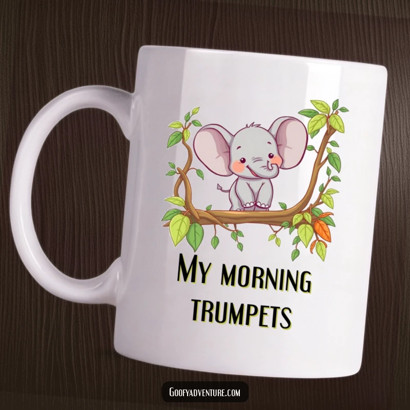 Funny happy elephant character joyfully crossing a jungle vine bridge, big smile, adventure theme, perfect funny gift.