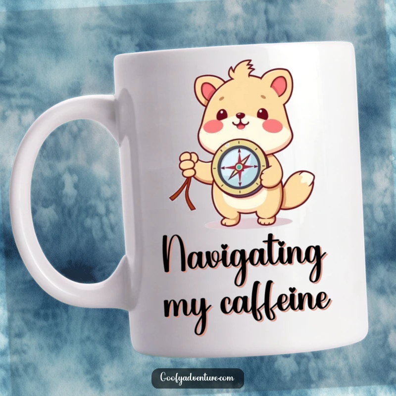 Funny kawaii animal character holding a compass, pointing with excitement to an unknown destination, inspiring adventure.