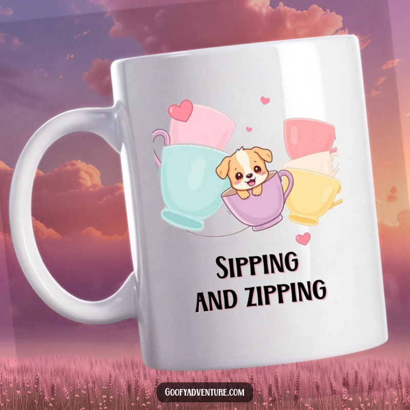 Funny mug featuring a giggling puppy character ziplining with excitement between oversized, colorful teacups, embodying pure fun.