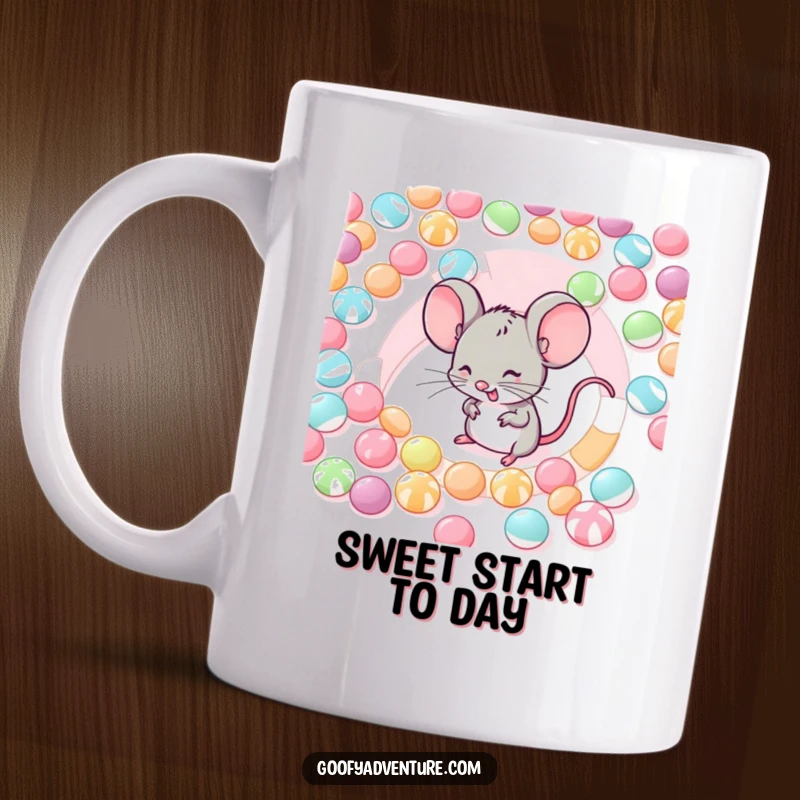 Funny mug featuring a gleeful mouse happily navigating a colorful maze made entirely of various candies.