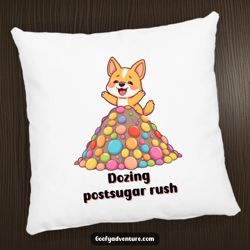 Funny pillow showcasing a delighted dog joyfully ascending a vibrant mountain made entirely of colorful, tempting candy.