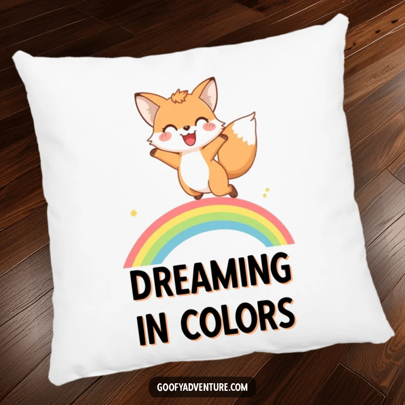 Funny fox rainbow leap pillow with a happy fox mid-jump over a vibrant rainbow, bringing whimsical vibes indoors.