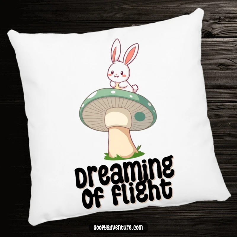 Funny cheerful bunny mushroom rider pillow, showing a bunny riding a whimsical mushroom through the air, ideal for cozy magic.