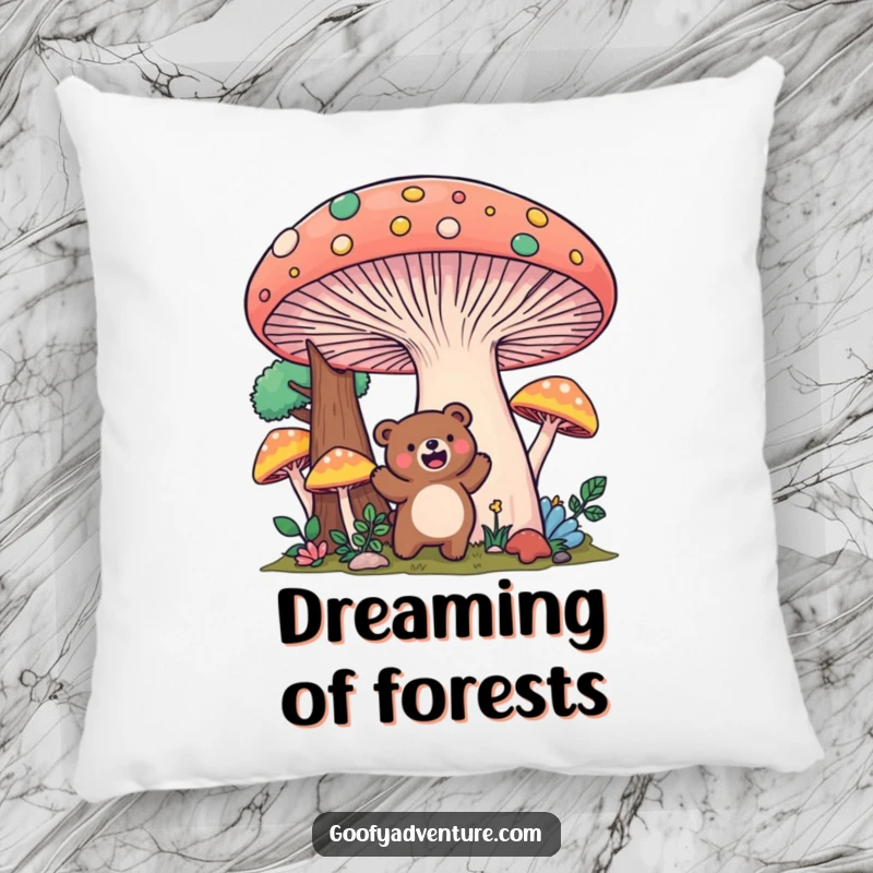 Funny Kawaii bear mushroom forest pillow, excitedly exploring a giant, colorful mushroom landscape, soft and magical.
