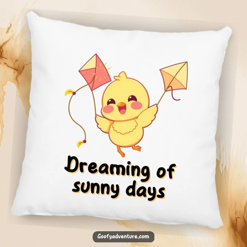 Funny Chick Pillow: A joyous chick flies with a kite made of sunshine, offering comfort and a reminder of pure happiness.